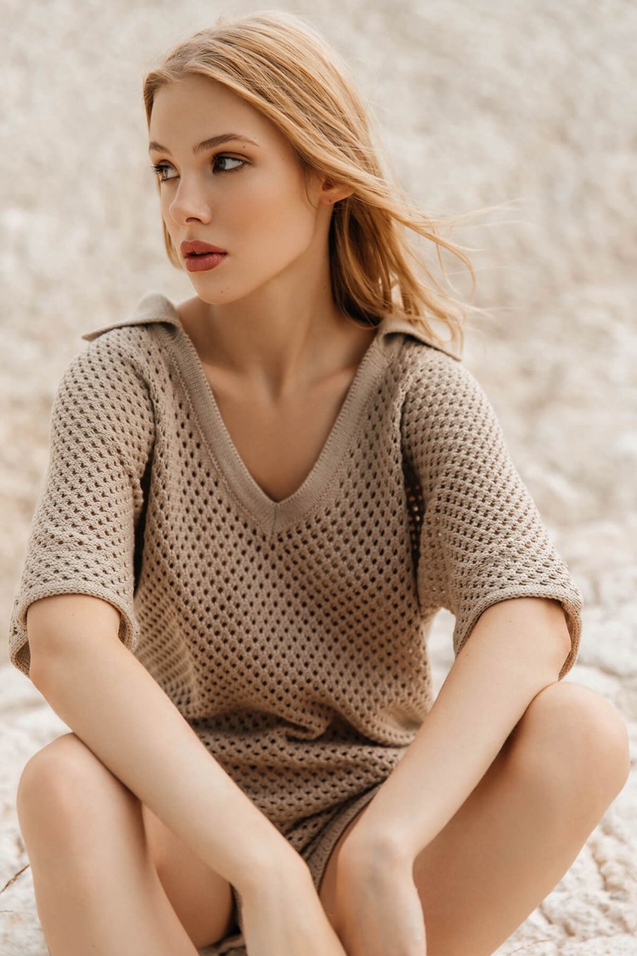 Women 25 UNION | Openwork Polo Jumper Beige