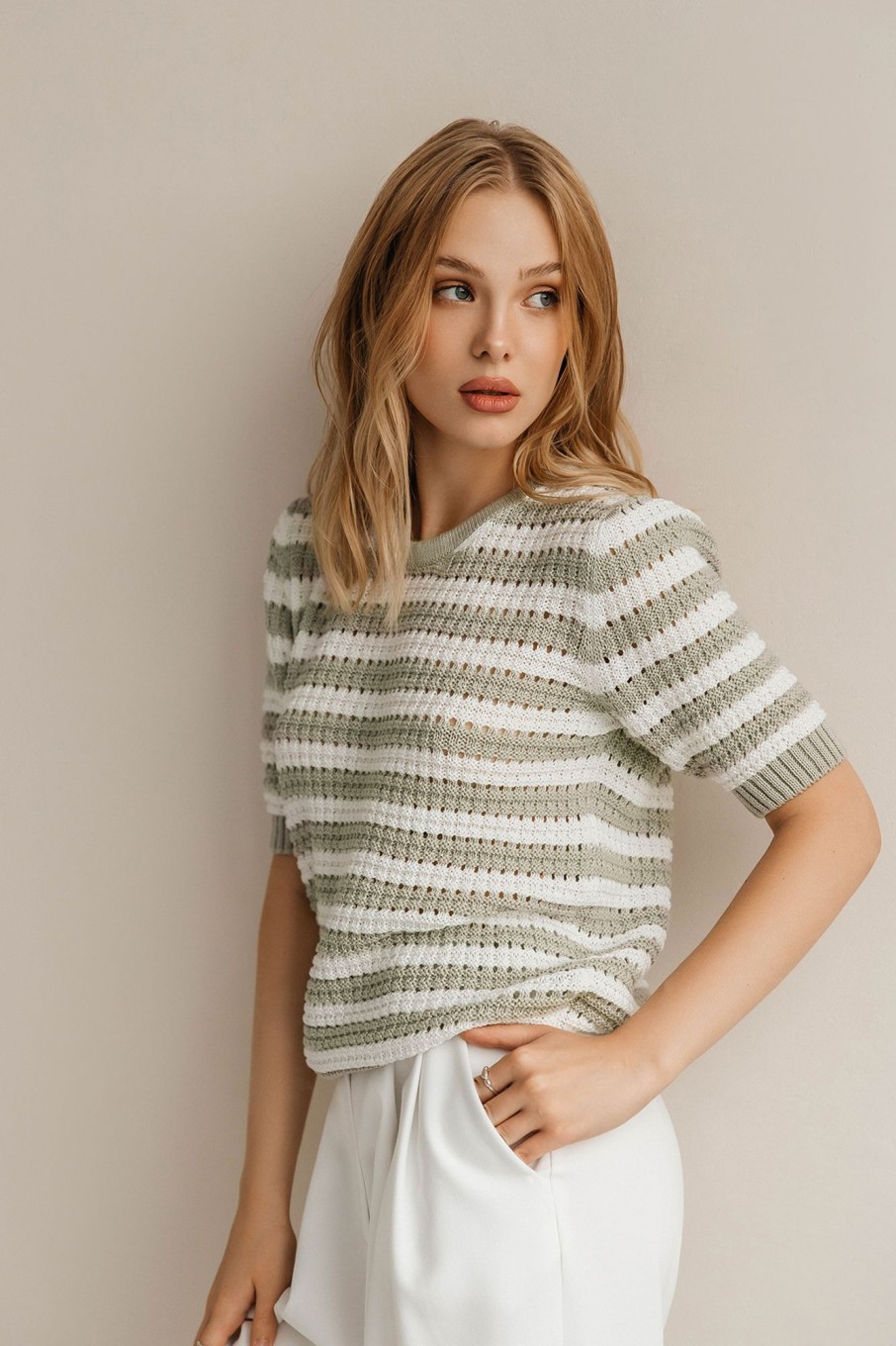 Women 25 UNION | T-Shirt Made Of Openwork Fabric In A Stripe Light Olive