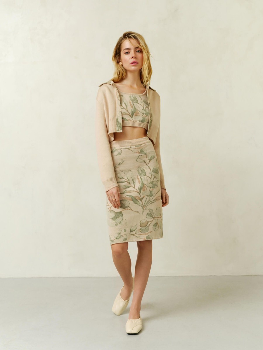 Women 25 UNION | Skirt With A Print Of Leaves Midi Cream