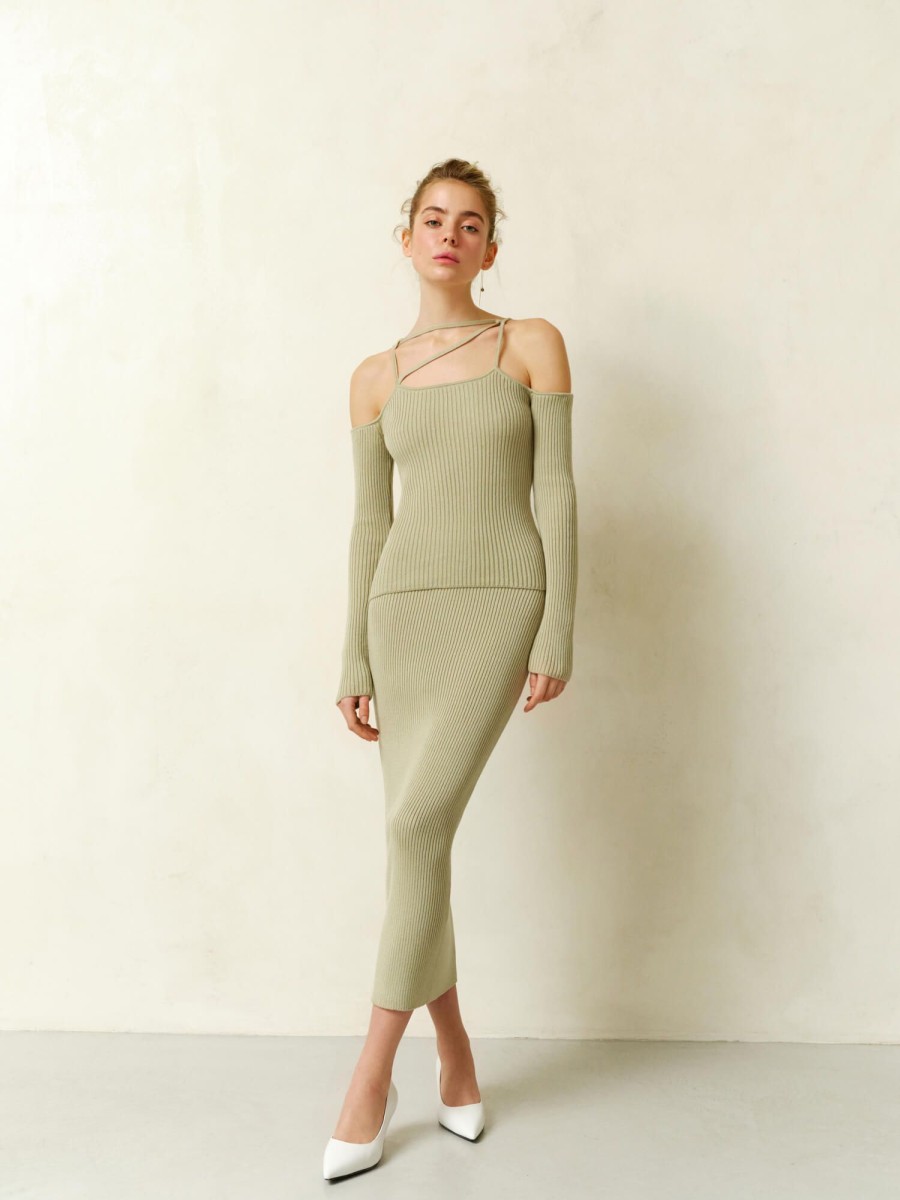 Women 25 UNION | Suit Top With Open Shoulders And Midi Skirt In Elastic Open-Tempo Light Olive