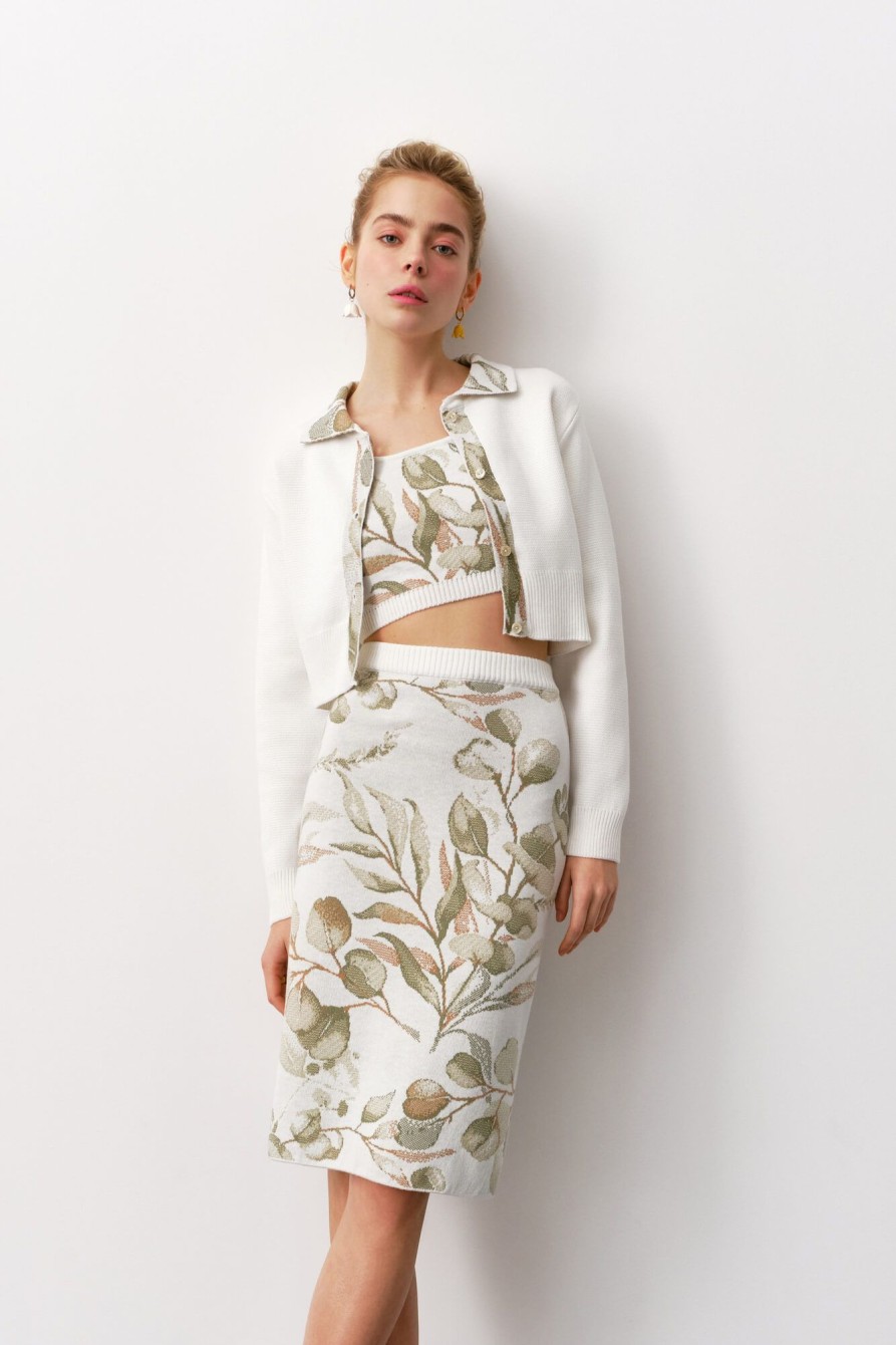 Women 25 UNION | Skirt With A Print Of Leaves Midi Milk