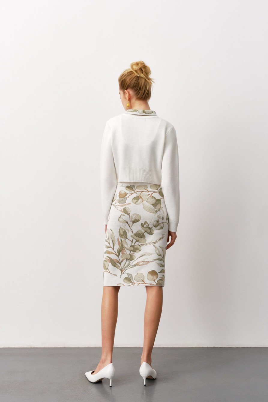 Women 25 UNION | Skirt With A Print Of Leaves Midi Milk