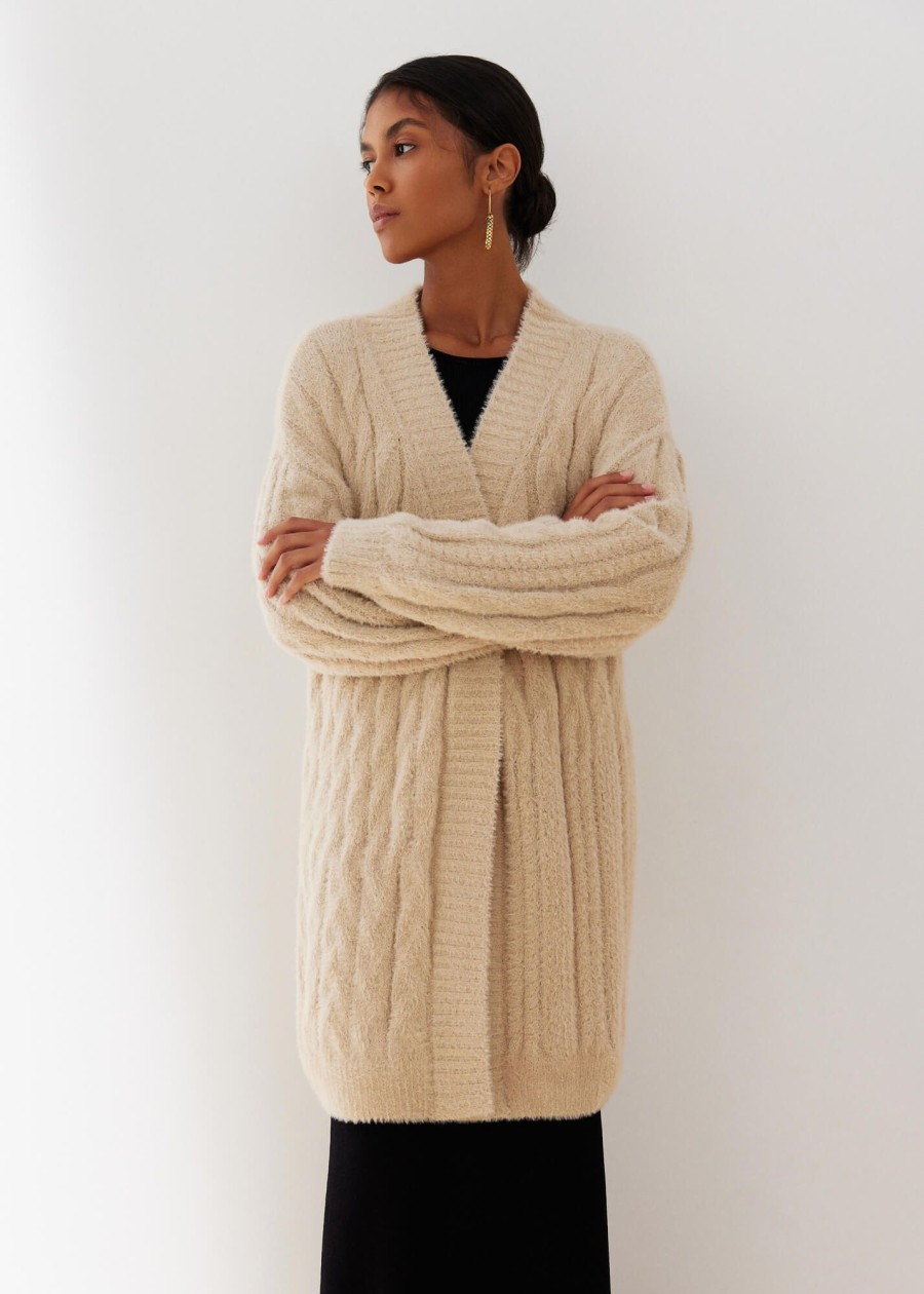 Women 25 UNION | Long Cardigan Made Of Fluffy Yarn With A Textured Pattern Ellin Cream