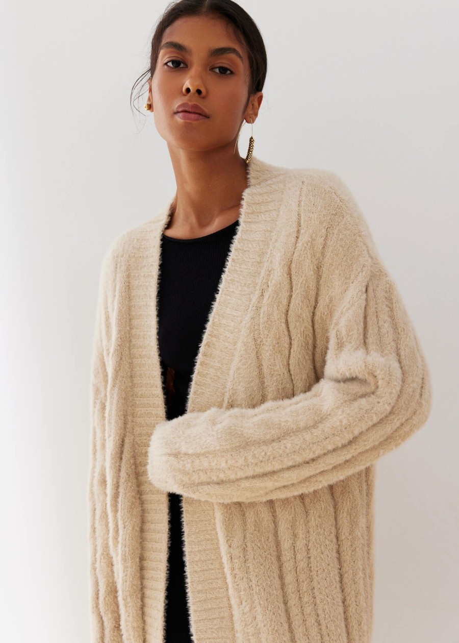 Women 25 UNION | Long Cardigan Made Of Fluffy Yarn With A Textured Pattern Ellin Cream