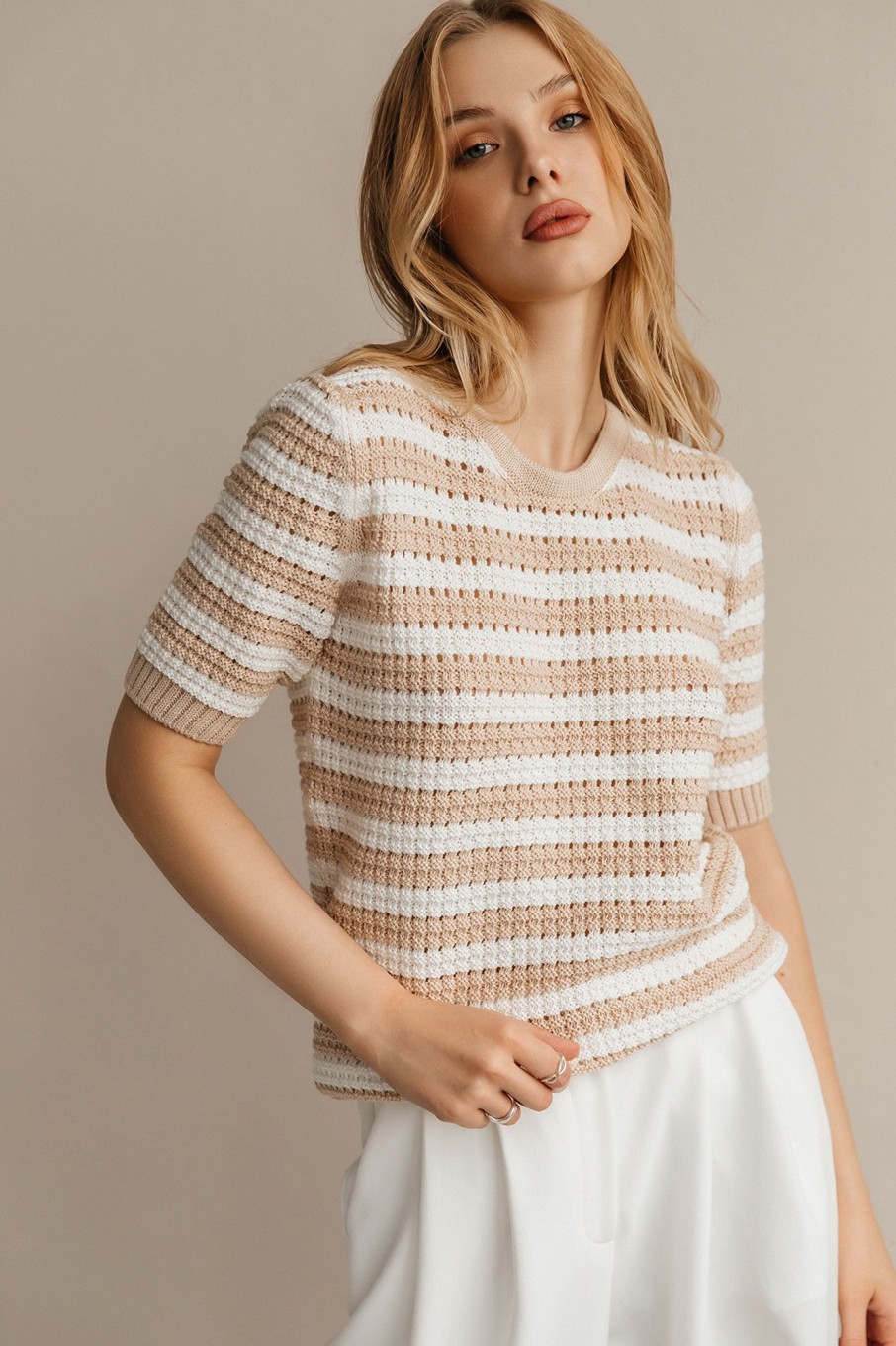 Women 25 UNION | T-Shirt Made Of Openwork Fabric In A Stripe Cream