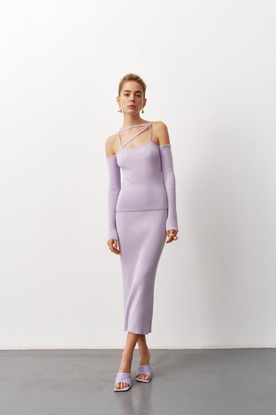 Women 25 UNION | Suit Top With Open Shoulders And Midi Skirt In Elastic Open-Tempo Lavender