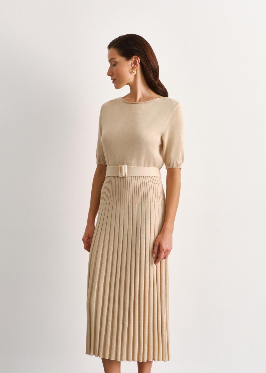 Women 25 UNION | Midi Dress With A Pleated Skirt Cream