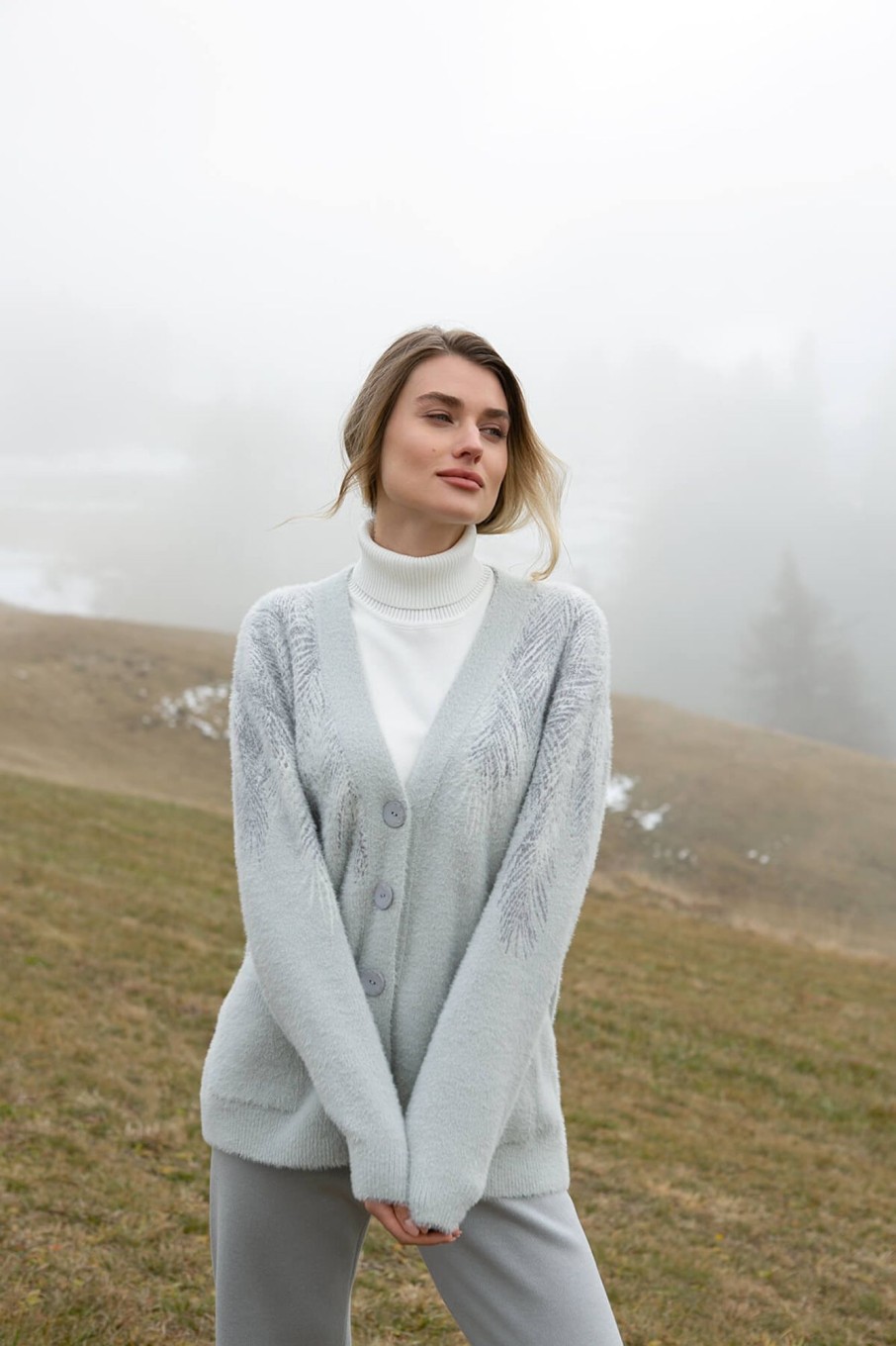 Women 25 UNION | Cardigan Made Of Fluffy Yarn Pero Gray