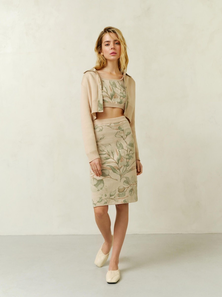 Women 25 UNION | Three-Piece Suit With Print Leaves Midi Cream