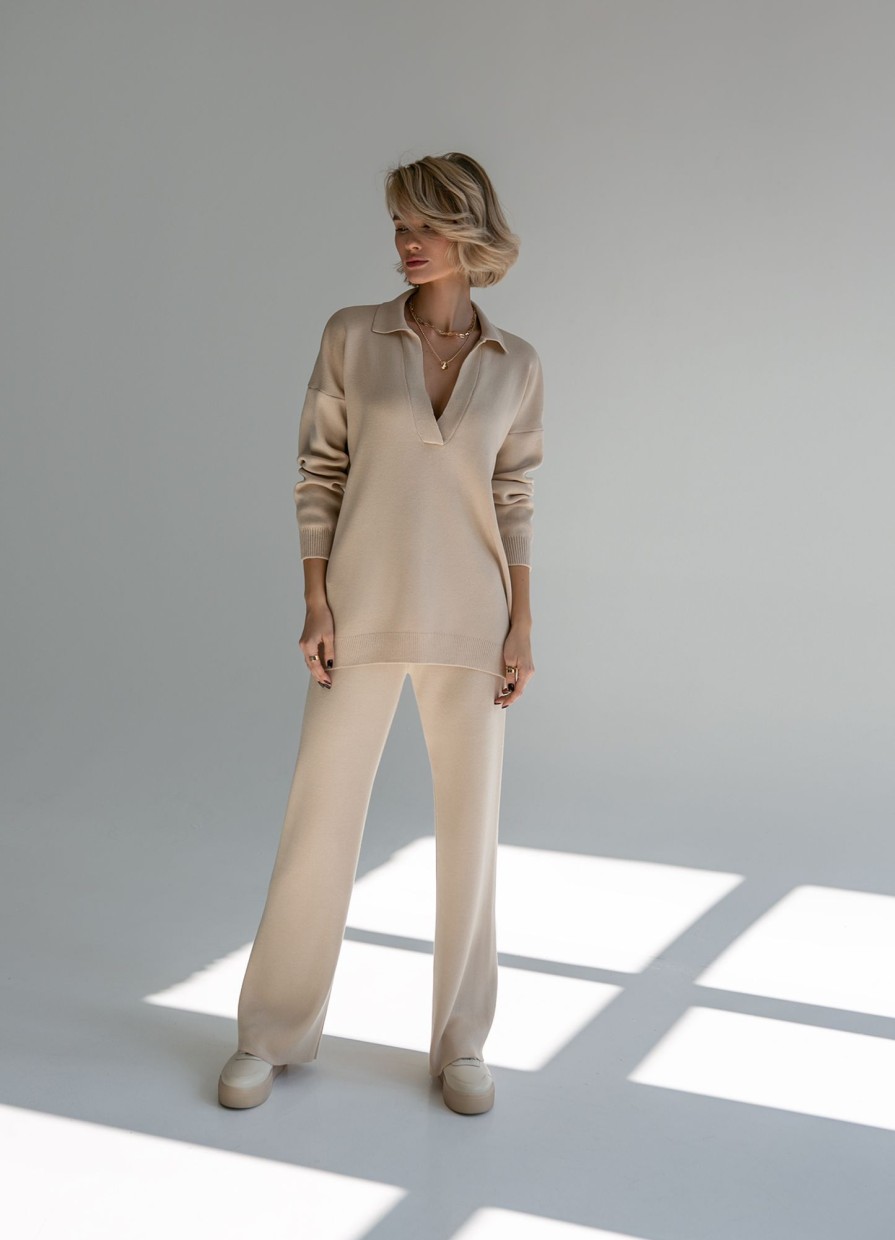 Women 25 UNION | Suit Jumper Polo Free Cut With Straight Trousers From Thick Jersey Cream