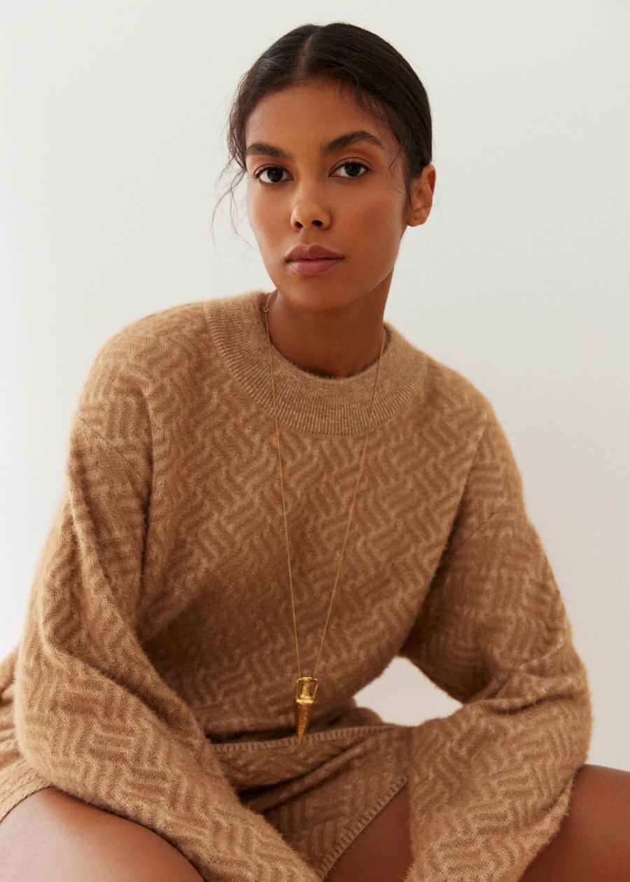 Women 25 UNION | Fluffy Yarn Jumper With Geometric Tati Pattern Caramel