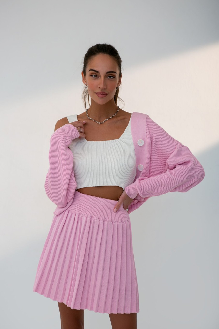 Women 25 UNION | Suit With Top, Pleated Skirt And Cardigan Hot Pink-Milk