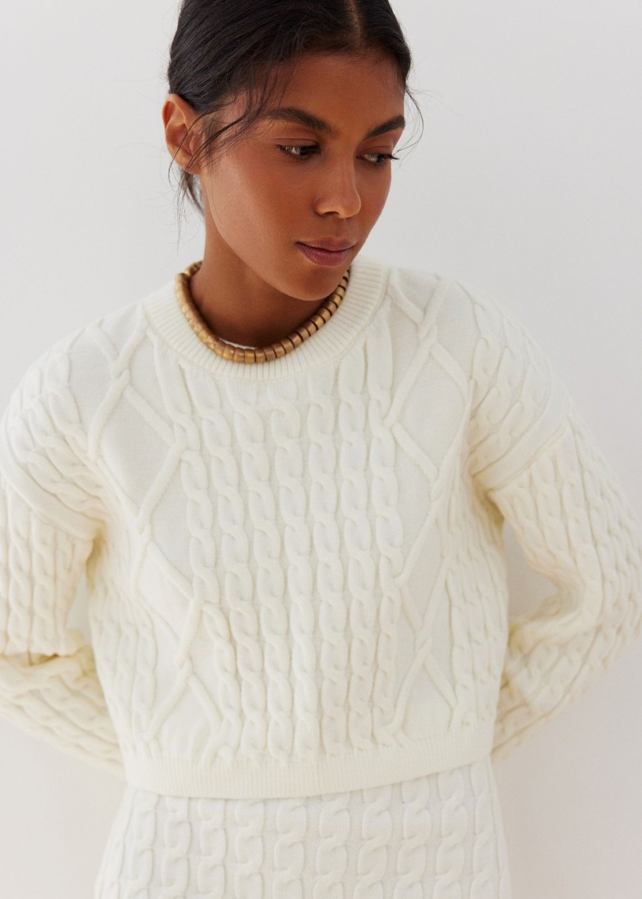 Women 25 UNION | Cropped Jumper With Folen Braid Pattern Milk