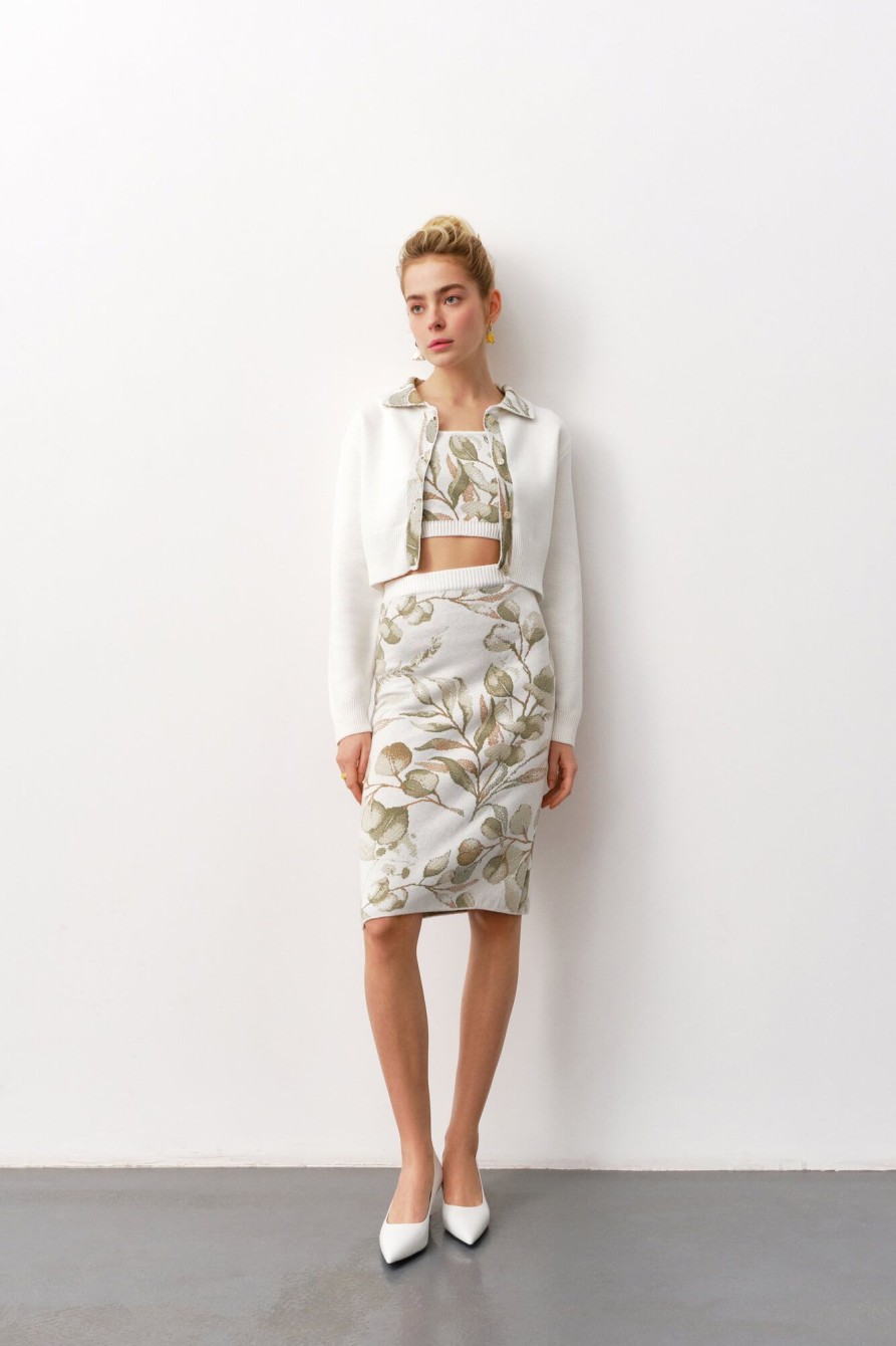 Women 25 UNION | Three-Piece Suit With Print Leaves Midi Milk