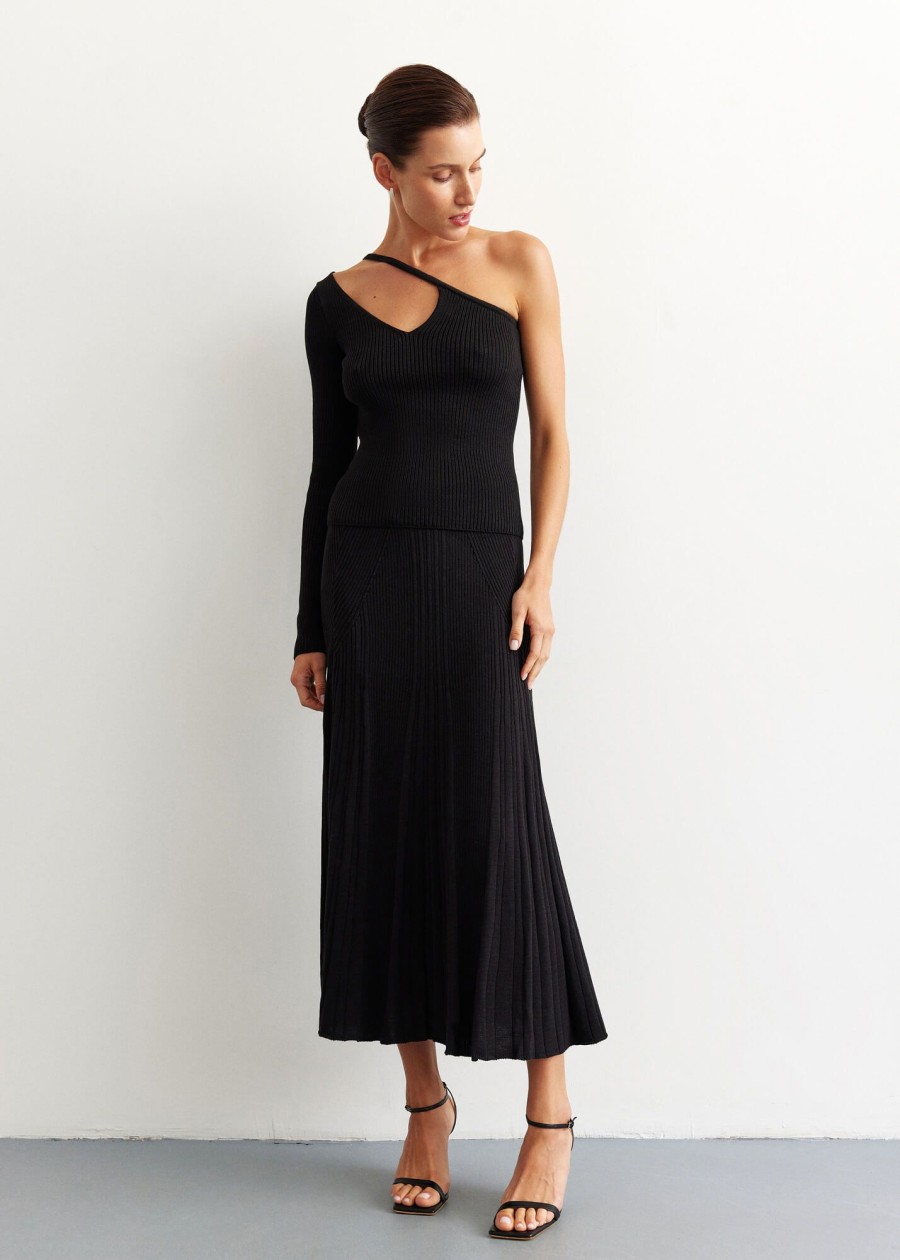 Women 25 UNION | One-Shoulder Top Suit With A-Line Midi Skirt Ariel Black