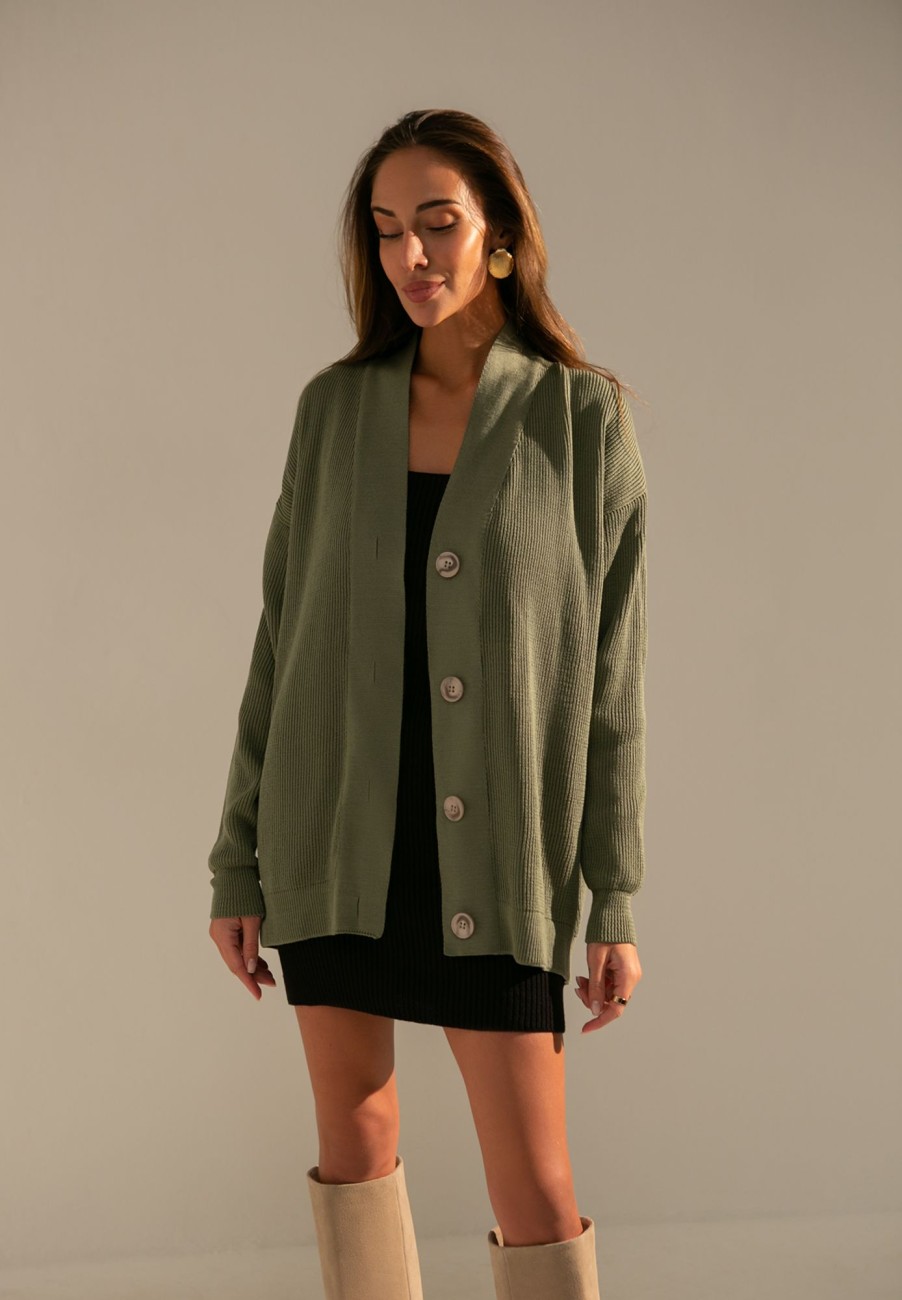 Women 25 UNION | Ribbed Cardigan Voluminous Olive