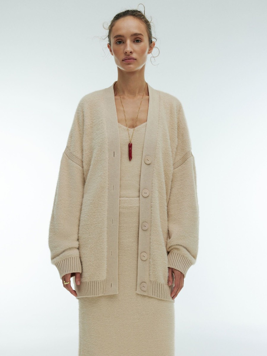 Women 25 UNION | Oversized Cardigan Made Of Fluffy Yarn With Knitted Inserts Hanni Cream