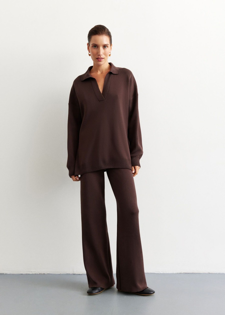 Women 25 UNION | Suit Jumper Polo Free Cut With Straight Trousers From Thick Jersey Chocolate