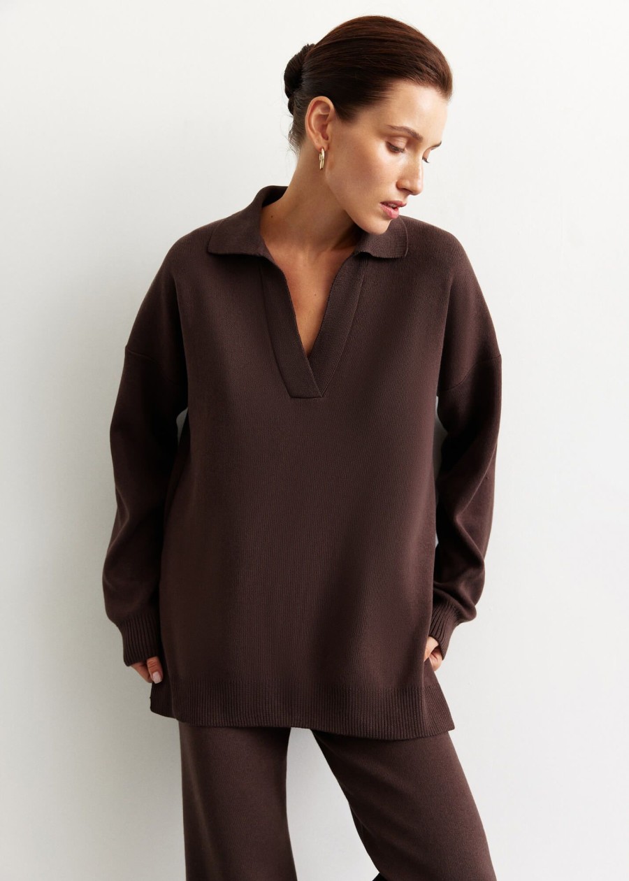 Women 25 UNION | Suit Jumper Polo Free Cut With Straight Trousers From Thick Jersey Chocolate