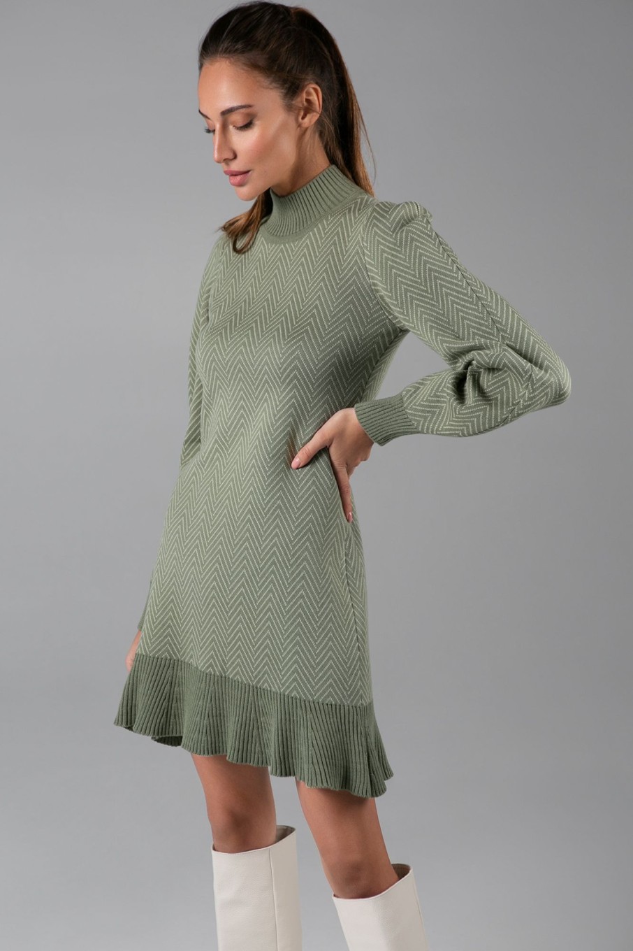 Women 25 UNION | Dress With A Pattern And Olive Accent Sleeves