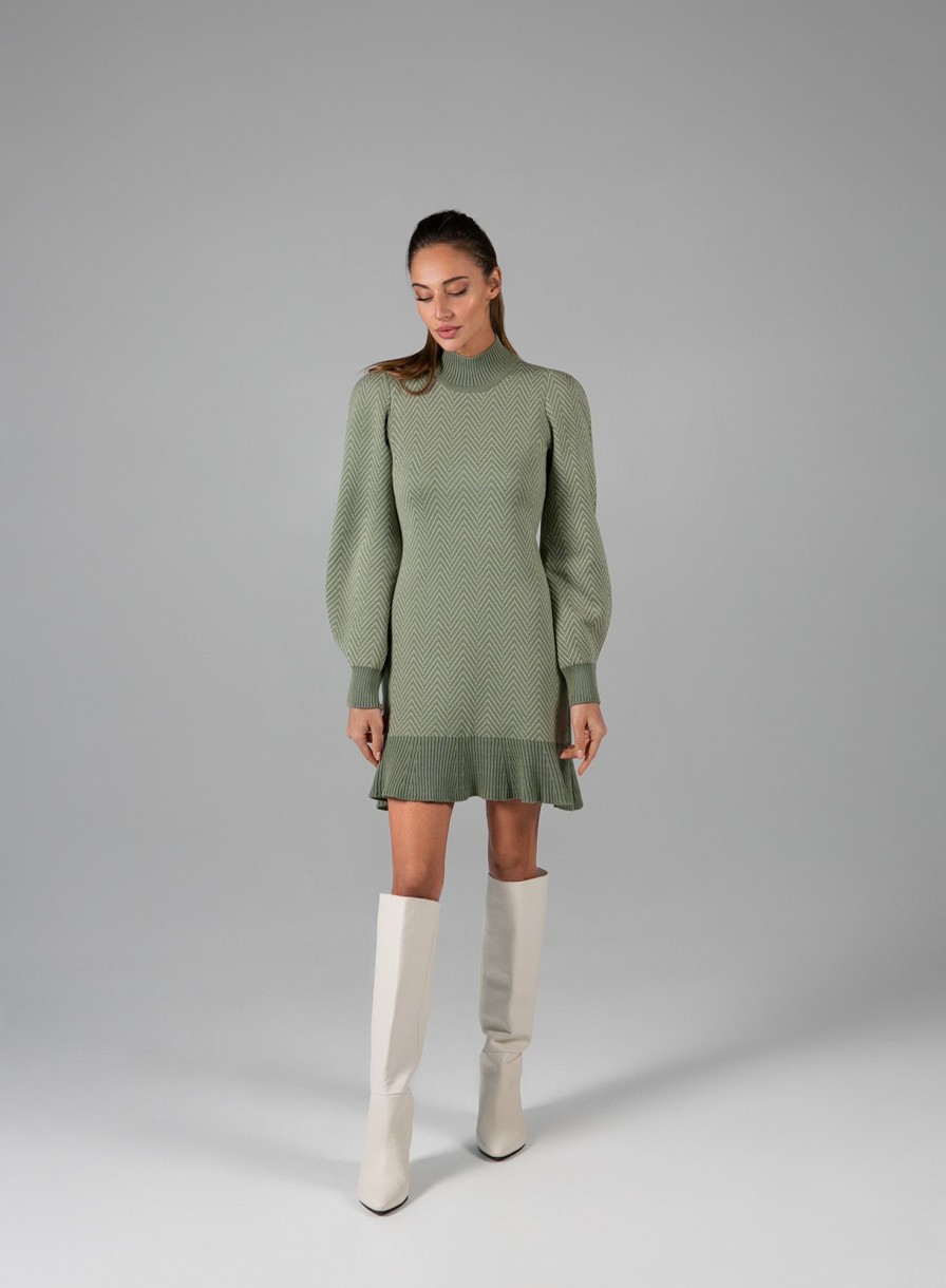 Women 25 UNION | Dress With A Pattern And Olive Accent Sleeves