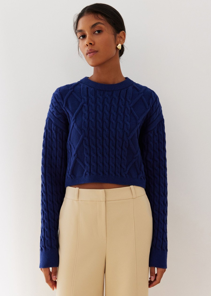 Women 25 UNION | Cropped Jumper With Folen Braid Pattern Blue