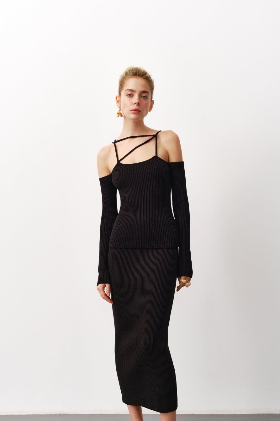 Women 25 UNION | Suit Top With Open Shoulders And Midi Skirt In Elastic Open-Tempo Black