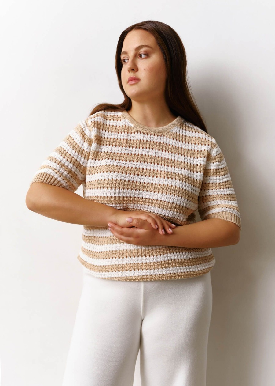 Women 25 UNION | T-Shirt Made Of Openwork Fabric In A Stripe Cream Size L-Xl