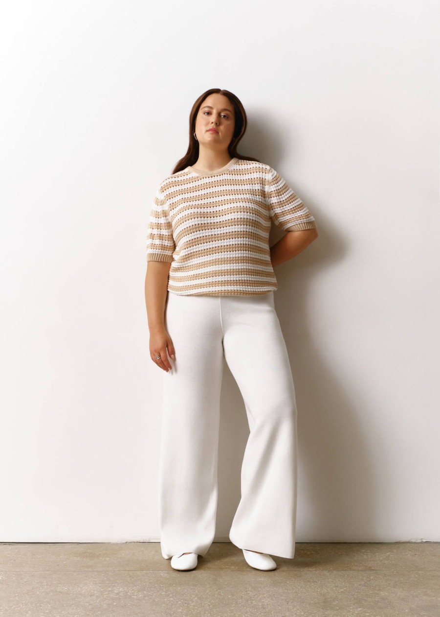 Women 25 UNION | T-Shirt Made Of Openwork Fabric In A Stripe Cream Size L-Xl