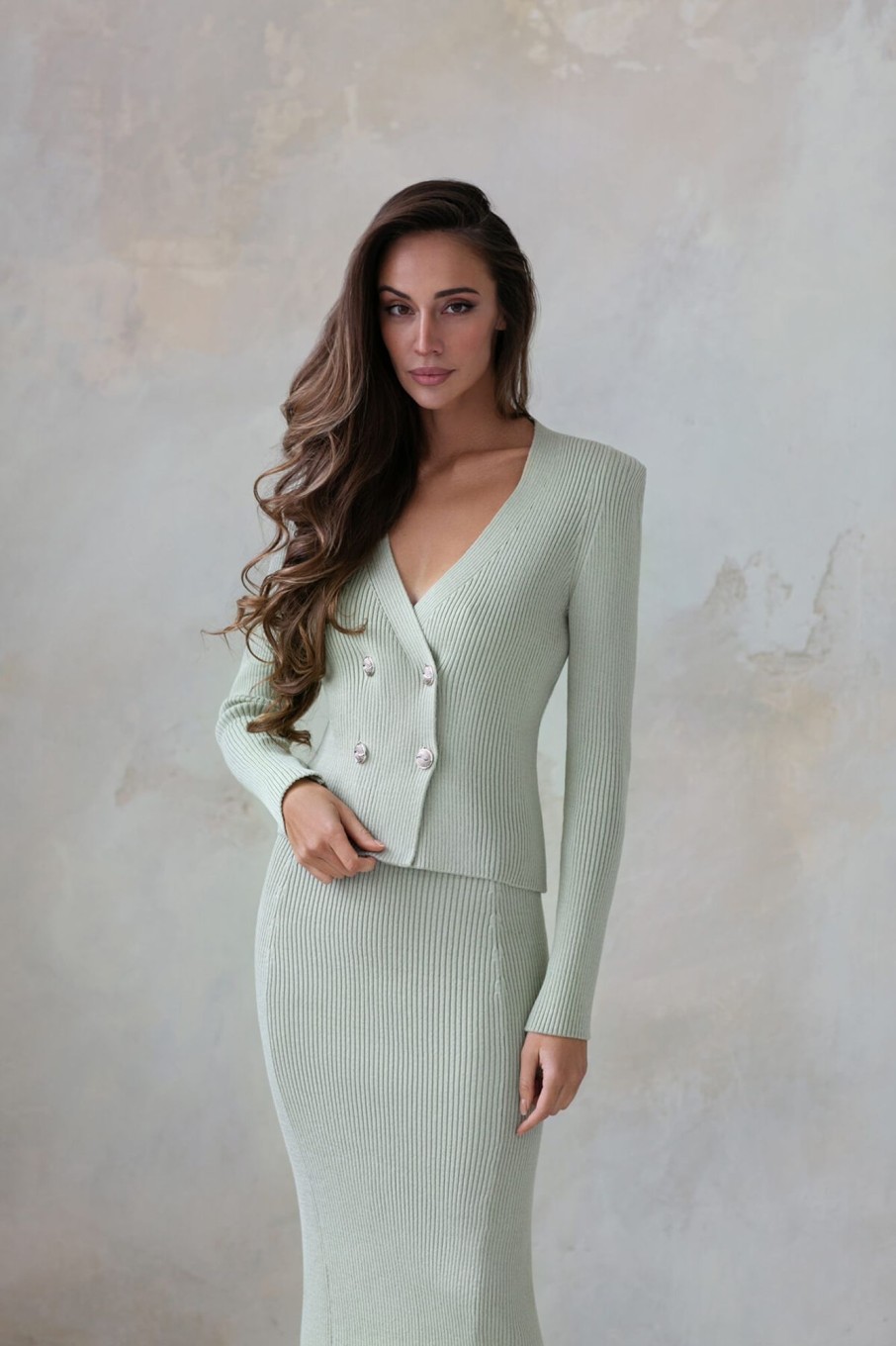 Women 25 UNION | A Double-Breasted Jacket Suit And A Midi Skirt Of A Straight Style Light Olive