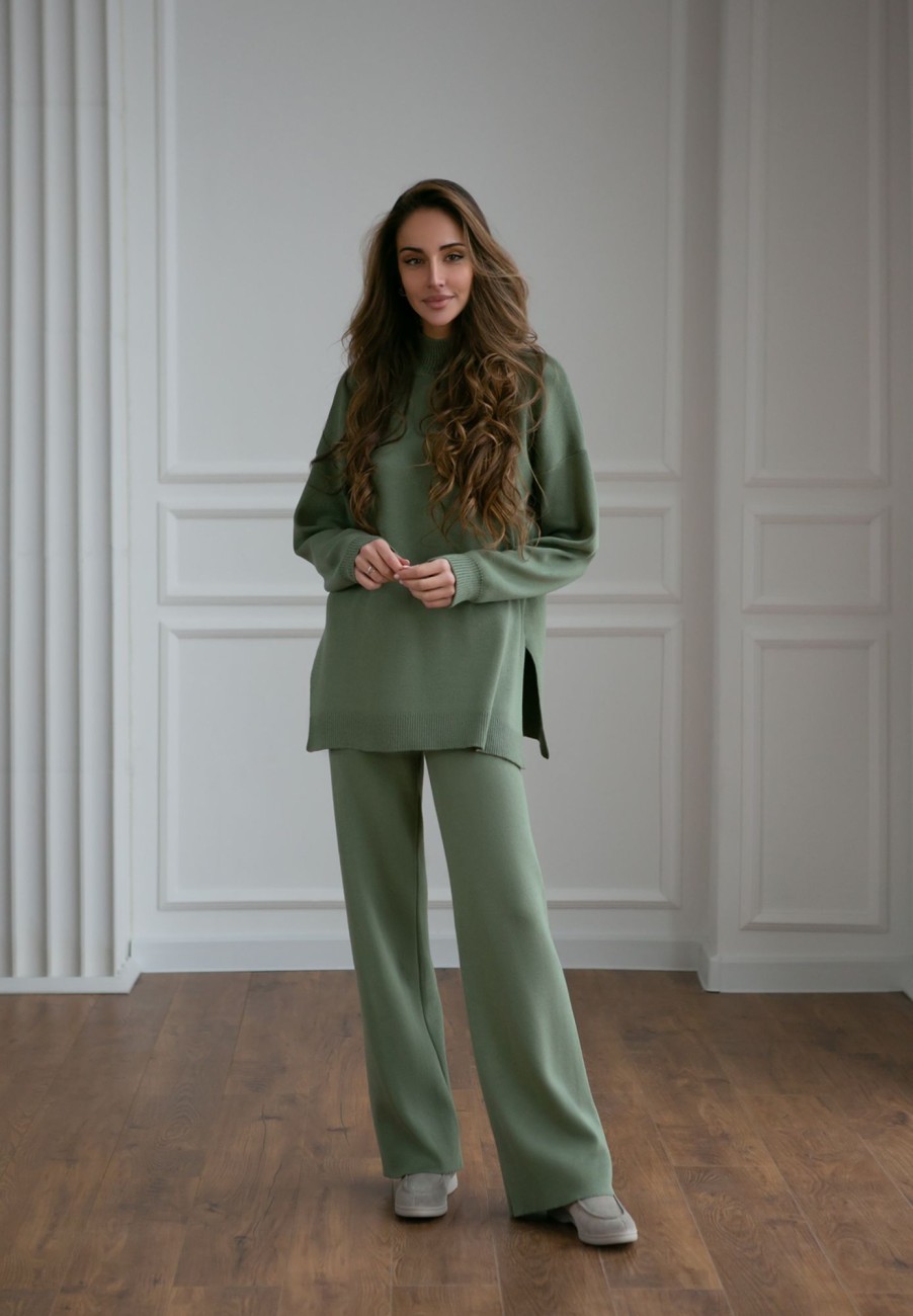 Women 25 UNION | Straight Cut Sweater Suit With Straight Trousers Made Of Thick Jersey Olive